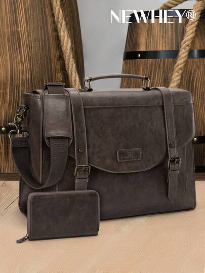 NEWHEY Men's Flip-Cover Messenger Bag, Retro PU Leather Laptop Bag Fits 15.6 Inch Laptop, Vintage Briefcase With Wallet, Crossbody Computer Bag