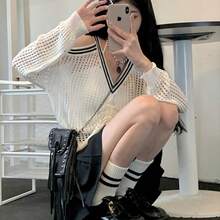 V-Neck Off-Shoulder Long-Sleeved Knit Top For Women, Lightweight, Sheer, UV-Cut, Oversized, Short Length, Drawstring. Perfect For Summer. - White - View 3