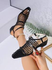 Giày sandal nữ mùa hè 2026 kiểu dáng lưới, gót dày, mũi nhọn, quai chữ T, thoáng khí, đa năng, phù hợp cho đi chơi hàng ngày, hẹn hò, dự tiệc cưới, dự tiệc. - màu đen - Xem 6