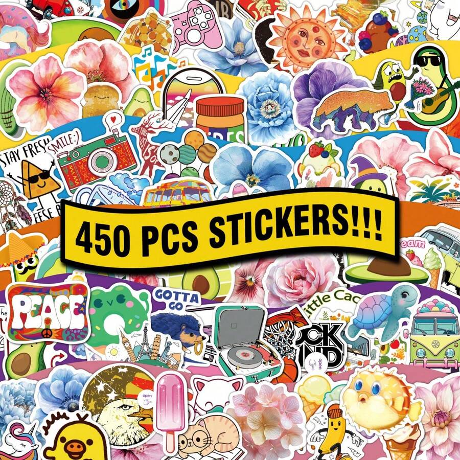 450张美观贴纸，防水乙烯基贴纸，适用于水瓶、笔记本电脑、滑板、剪贴簿、行李箱、日记本，适合青少年和成人，可用于DIY装饰、个性化定制、剪贴簿制作、礼品包装和手工制作。 - 彩色 - 查看 1