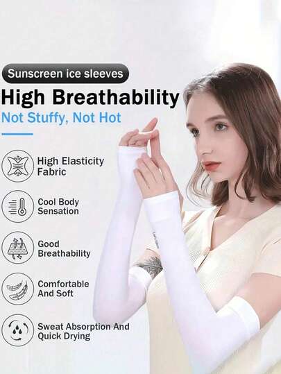 2 đôi ống tay và bao tay chống nắng bằng vải lụa băng, thoáng khí, có lỗ xỏ ngón cái, độ co giãn cao, chất liệu vải nylon lụa băng, chống tia UV, thích hợp cho các hoạt động ngoài trời, đạp xe, chạy bộ, leo núi, v.v.