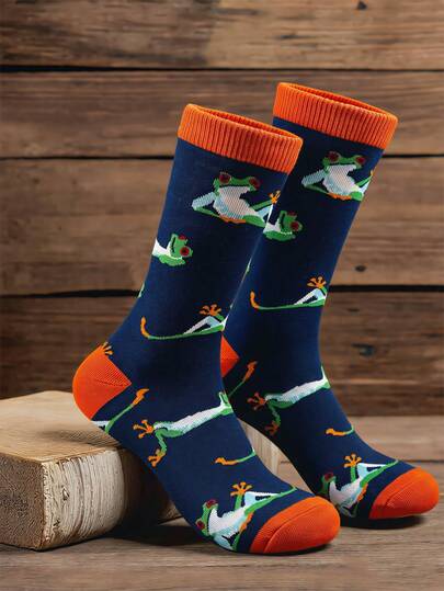 GNIM HL 1 par de calcetines de algodón con estampado de rana lindo para hombres, calcetines de media caña con patrón de animal novedoso, calcetines de skateboard de uso diario
