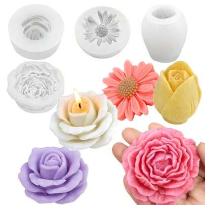 4 Pcs Flower Silicone Molds Set, 3D Floral Silicone Molds Daisy, Peony, Rose, Tulips, Easy Release, Ideal For DIY Candles, Soap, Epoxy Resin Casting Mom Gifts, Home Decor