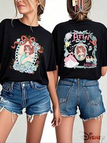 Women's Disney  Ariel Graphic T-Shirt Casual Short Sleeve Round Neck Cotton Tee Top, Men's Sizes Suitable For The Whole Family - 黑色 - 查看 2