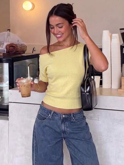 Suéter de punto asimétrico de hombro sólido y casual, de manga corta, estilo callejero para primavera/verano, playa, fiesta, ir al trabajo, citas, vacaciones, uso diario