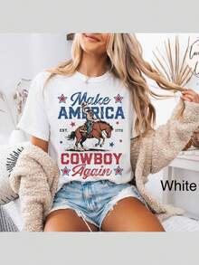 Western 4th Of July Shirt Make America Cowboy Again T-Shirt Cowboy TShirt Patriotic Fourth Of July Top America Tee Flag Shirt - 黑色 - 查看 7