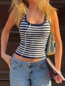 女士蓝白条纹露背性感吊带背心，夏季 - 藍白色 - 查看 4