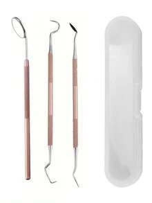 3件套玫瑰金牙科工具套装 - 牙镜 + 探针 + 洁牙器，牙齿清洁，不锈钢双头清洁工具，适用于宠物和成人，带收纳盒 - 彩色 - 查看 7