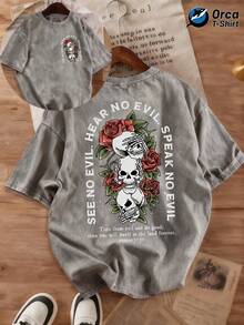 Vintage T-Shirt For Men And Women With Bible Verse "I See No Evil, I Hear No Evil, I Speak No Evil" - Skull And Rose Print, Double-Sided Washed Graphic T-Shirt For Casual Wear In All Seasons, Gifts, Outdoor Activities And Everyday Use - 灰色 - 查看 6