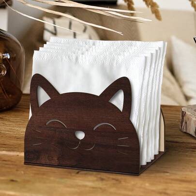 Wooden Cat-Shaped Tissue Box, Creative Cartoon Smiling Cat Napkin Holder, Vertical Tissue Paper Dispenser For Home, Kitchen, Living Room Decor