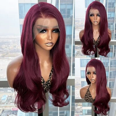22 Inch Burgundy Lace Front Wig, 13x6 Kanekalon Fiber, Durable Synthetic Fiber, Wavy Curly, Glueless Half Hand-Tied, Natural Hairline, Pre-Plucked, 150% Density, Suitable For Fashion Women, Girls, Party, Holiday, Makeup, Daily Wear