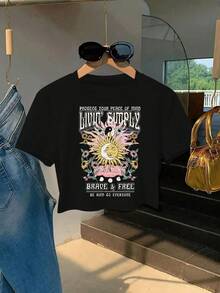 Cartoon Art Print Pattern - Elegant And Fashionable Women's Crew Neck Cropped T-Shirt Casual Short Sleeve XS-XXL Multiple Colors Available - Black - View 6