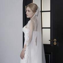 1pc Bridal Wedding Dress Long Trailing Lace Trim Veil, Single Layer Wedding Photography Accessory - White - View 2