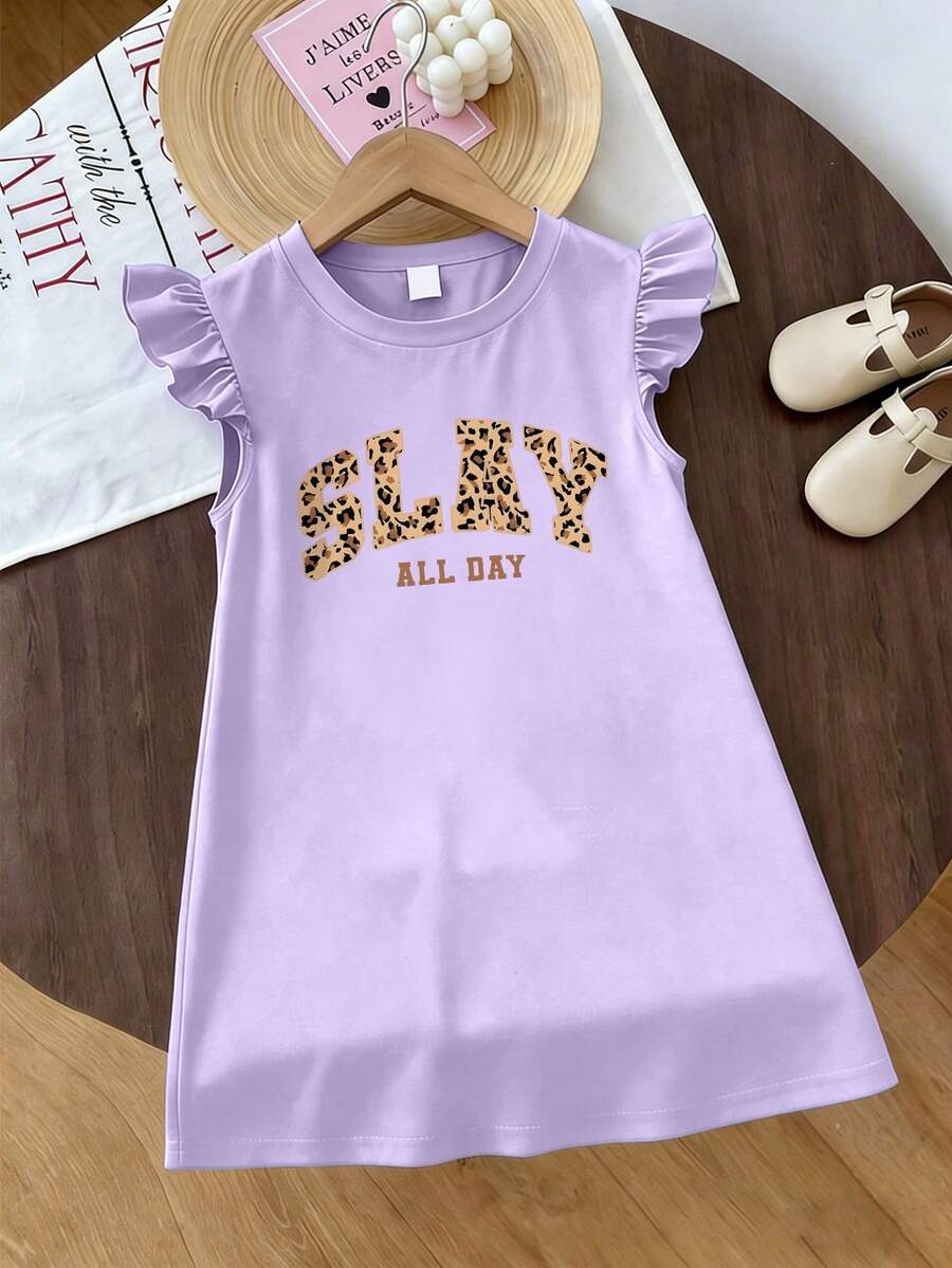 Tween Girl Leopard Print Letter Graphic Comfortable & Fashionable Flutter Sleeve Dress, Ideal For Casual Spring/Summer Wear - Mauve Purple - View 1