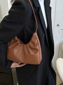 Fashionable One Shoulder Bag, Spring/Autumn New Arrival, Solid Color Pleated Fresh Handbag, Underarm Bag With Texture - Brown - View 7