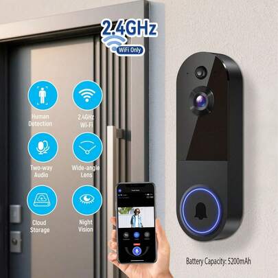 Timbre de vídeo inalámbrico con cámara, compatible con WiFi de 2.4Ghz, detección de personas con IA, audio bidireccional, visión nocturna, alertas instantáneas, almacenamiento de vídeo en la nube con cifrado, alimentado por batería, timbre de vídeo inalámbrico inteligente con detección de personas con IA y alertas instantáneas