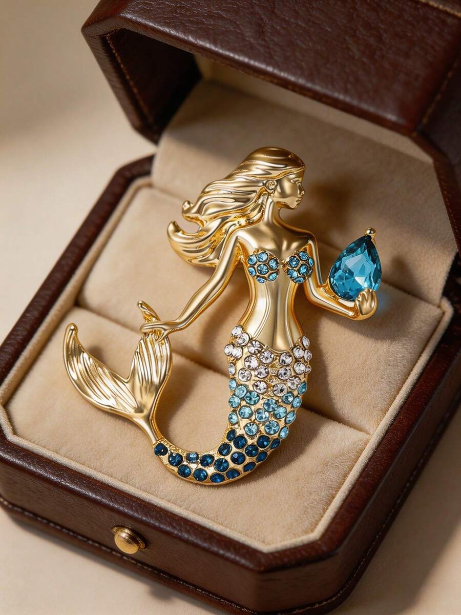 1pc Cute Mermaid Brooches, Alloy Diamonds Cartoon Character Pins For Backpack, Y2K Jewelry Accessories For Women Daily Wear & Gift
