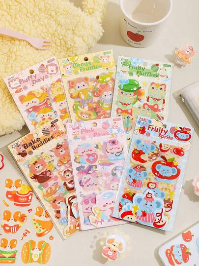 4 miếng dán hình động vật và đồ ăn hoạt hình dễ thương, đồ dùng làm sổ lưu niệm, nhãn dán đa năng chống thấm nước dùng cho nhật ký, sổ tay, ốp điện thoại.