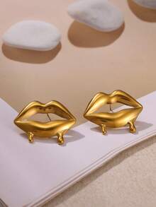 Elegant Exaggerated Oversized Liquid Cherry, Lips And Stars Stainless Steel Earrings, Suitable For Women, Moms, Girlfriends, 18K Gold Plated Waterproof Inlaid Stud Earrings, Gold Wedding Party Charm Jewelry Accessories, 2026 New Birthday Anniversary Gift - Various - View 7