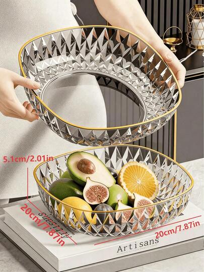 Bandeja de frutas de lujo con patrón de diamantes, de gran capacidad, de material plástico transparente, adecuada para el hogar, la sala de estar, la exhibición de frutas secas y aperitivos