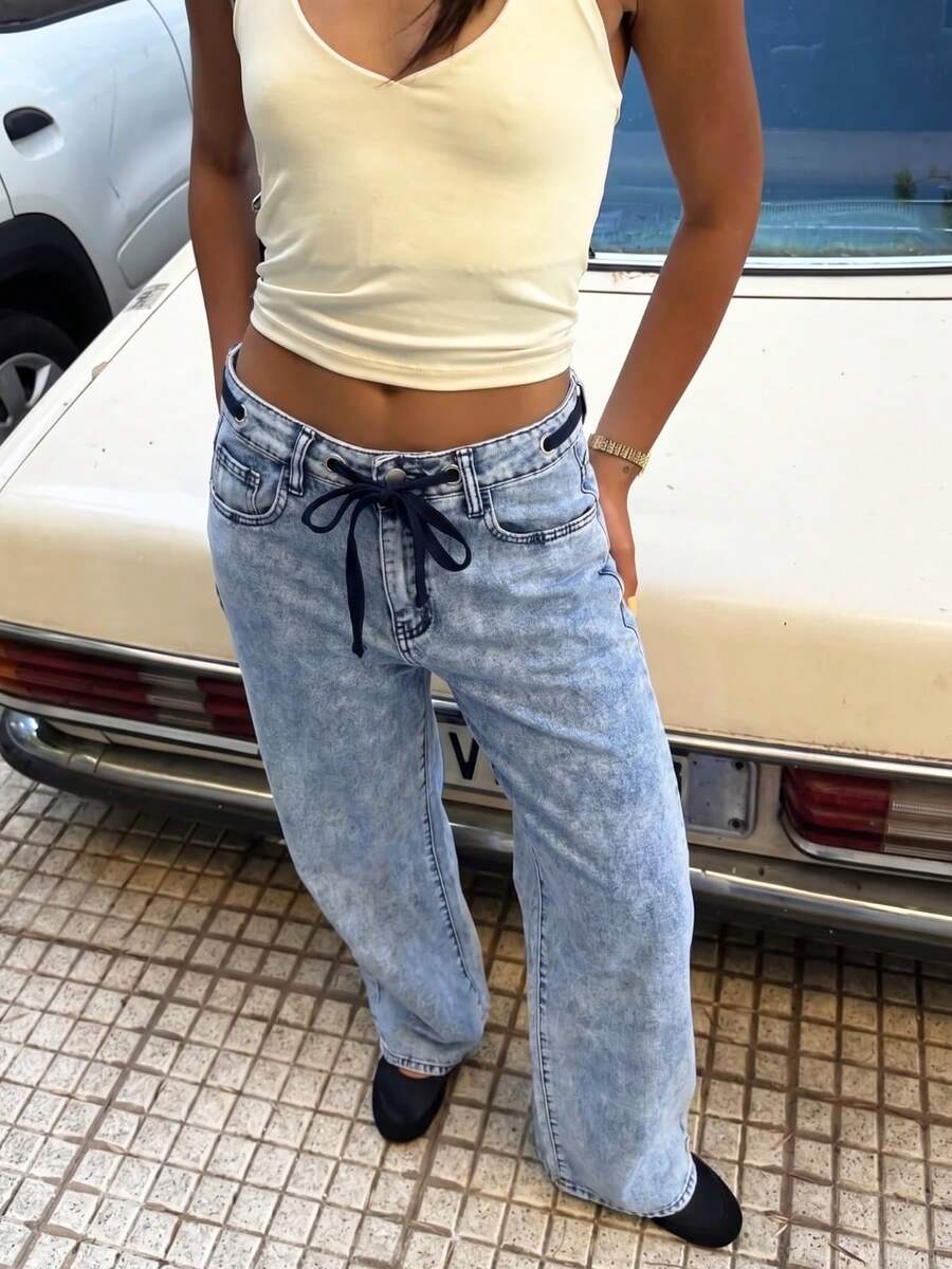 Jeans casuales de mujer con cintura elástica y cordón ajustable - Azul claro - Ver 1