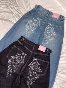 Street Women's Clothing Branch Line Angel Wings Rhinestone Embroidery Y2k Millennium Straight Loose Denim Trousers - 黑色 - 查看 6