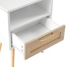 Rattan Side Table With Drawer And Solid Wood Legs, Modern Bedside Table, Side Table For Living Room, Bedroom, White - H55/W40/D30 Cm - White + Natural Wood Color - View 7