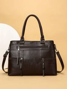 1 Stück Damen Retro Handtasche in Unifarbe, große Kapazität Shopper Tasche mit mehreren Reißverschlusstaschen, wasserdichter PU Doppelgriff tragbare Outdoor Casual Business vielseitige Umhängetasche, Steppnaht Diebstahlschutz Umhängetasche - Kaffeebraun - Übersicht 5