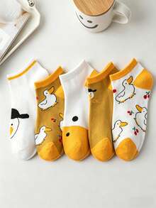 1/5/10双装 新款春夏卡通白鹅图案女士低帮隐形袜，可爱小白鹅樱桃提花浅口透气休闲隐形袜 - 彩色 - 查看 4