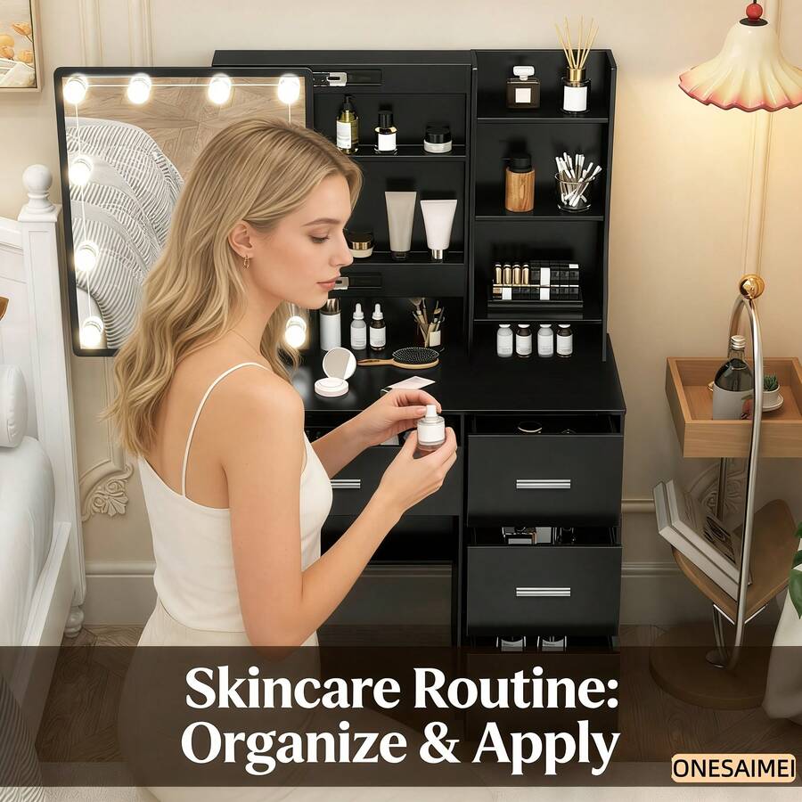 Spring New Vanity Desk, HD Mirror Design, Multi-Drawer Large Storage, Detachable Assembly, With Paste-On LED Light, For Bedroom - Black - View 1