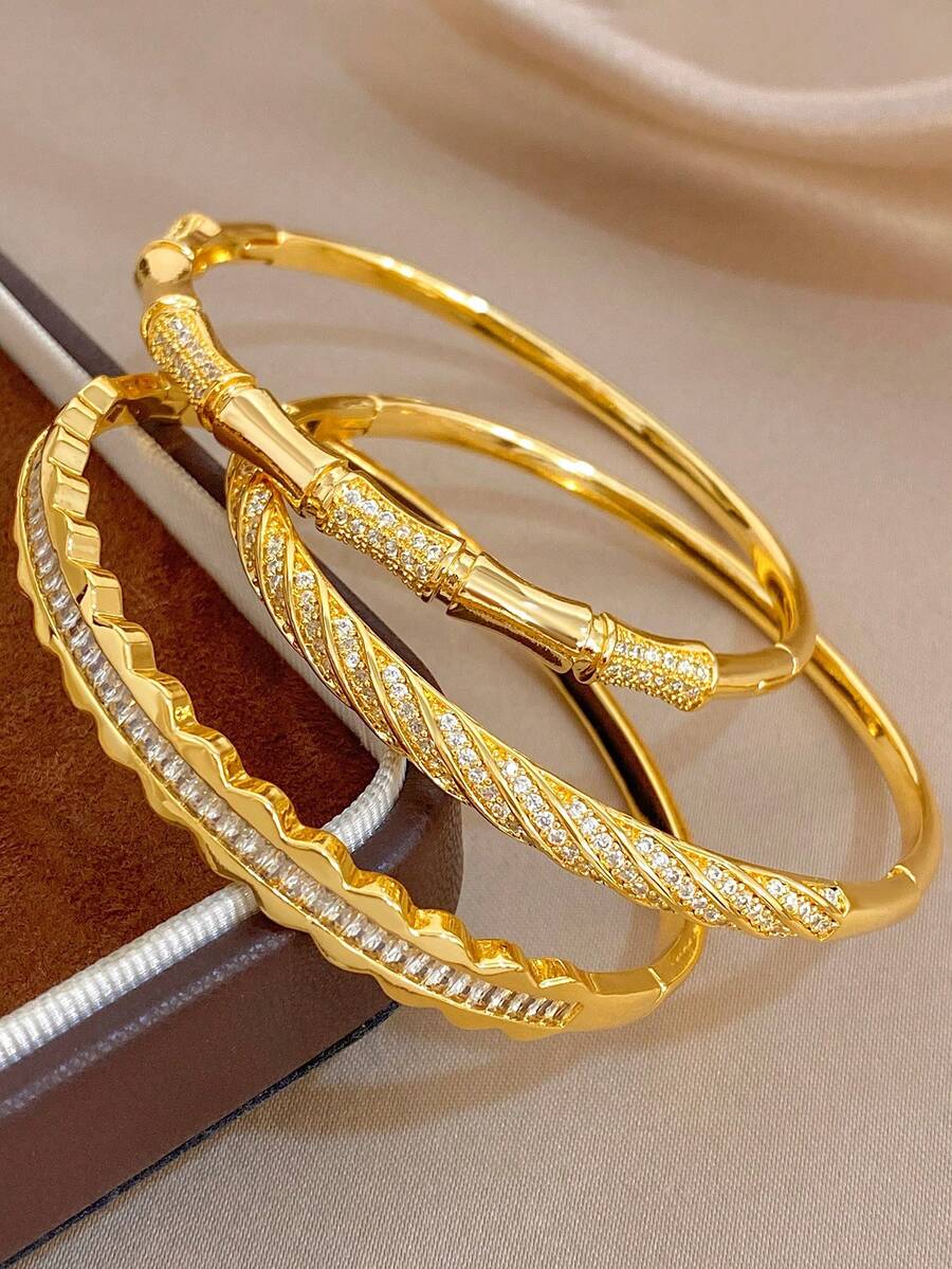 18K Gold Plated Non-Fading Elegant Twisted Bamboo Cubic Zirconia Bracelet Set, Women's Jewelry Set, Summer Boho Beach Jewelry, Vacation Season, Mother's Day Gift, Daily Party Date Night Wedding Anniversary Music Festival Christmas Valentine's Day Easter - Multicolor - View 1
