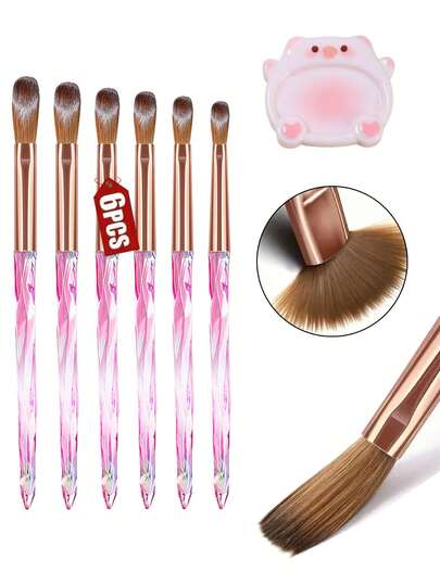 Bộ cọ vẽ móng 7 món, 6 cọ màu hồng + 1 bảng màu hình heo, bộ bút vẽ móng nghệ thuật Aurora màu hồng với cán đính đá, bút khắc pha lê, bút vẽ móng gel UV cán dài, sản phẩm mới về