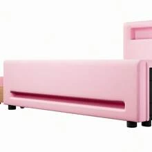 Full Size Bed Frame With Drawer, PU Leather Upholstered Platform Bed With LED Lights For Girls, Princess Bed With Safety Guardrail, Headboard With USB Ports, No Box Spring Needed, Pink - Full Size-Pink - View 11