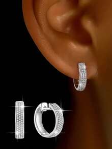 1 Đôi bông tai 3 hàng đính đá Zirconia, chất liệu bạc S925, kiểu dáng tối giản, trang sức cao cấp dành cho nữ, quà tặng ngày lễ/sinh nhật, phù hợp cho nữ giới đeo hàng ngày. - Ba hàng khuyên tai kim cương - Xem 3
