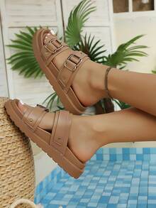 Summer Double-Buckle Thick-Soled Slippers For Women, Retro Coffee PU Leather Gold Buckle Platform Strap Slides, Versatile For Commuting & Beach - Brown - View 2