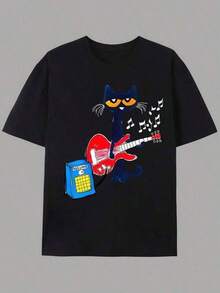 T Shirt Print ,Graphic-Cotton Tees Size Plus, Cartoon Round Neck Short Sleeve, Pete Cat Rock 'n' Roll Graphic Print Casual T-Shirt For Men And Women, High Street Fashion, Short Sleeve, Crew Neck, Summer, Slight Stretch, Polyester, Regular Fit, Applique Detail,Y2K,Oversized Shirt Men,With Shirt,Summer Tops,Shirt Suitable-High Quality - 黑色 - 查看 1
