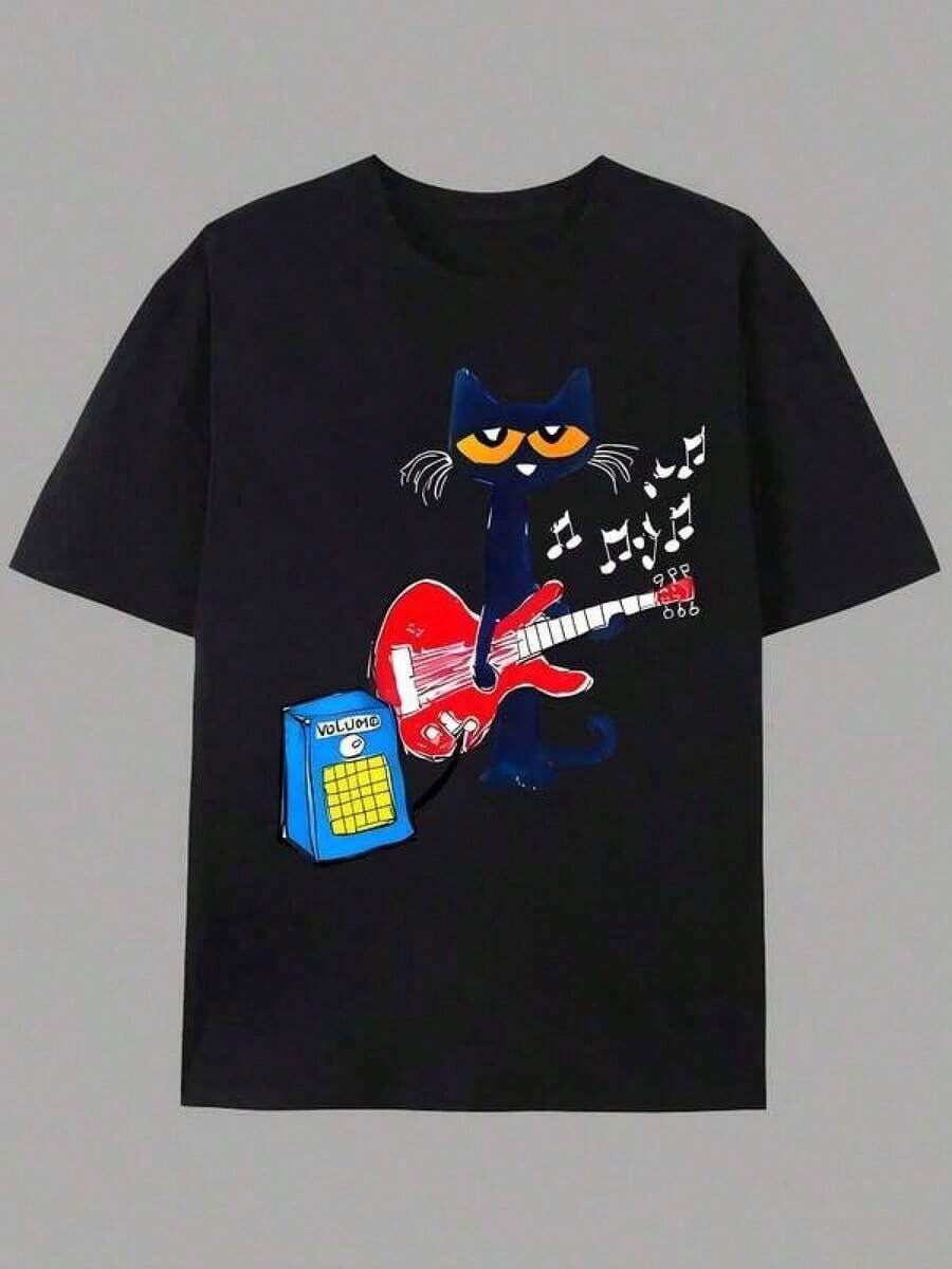 T Shirt Print ,Graphic-Cotton Tees Size Plus, Cartoon Round Neck Short Sleeve, Pete Cat Rock 'n' Roll Graphic Print Casual T-Shirt For Men And Women, High Street Fashion, Short Sleeve, Crew Neck, Summer, Slight Stretch, Polyester, Regular Fit, Applique Detail,Y2K,Oversized Shirt Men,With Shirt,Summer Tops,Shirt Suitable-High Quality - 黑色 - 查看 1
