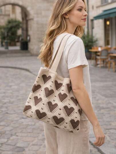 1个针织手提包，心形图案单肩包，大容量手提包，休闲针织手提袋，柔软编织购物袋，时尚可重复使用杂货袋，非常适合日常通勤、购物、旅行、海滩、上学，是送给女性的理想礼物，适合春夏秋冬