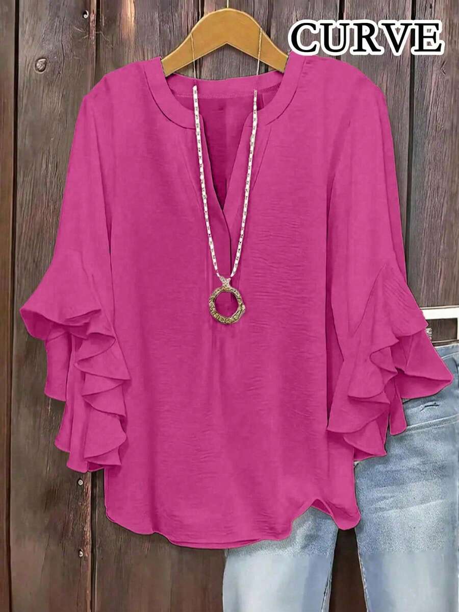 Blusa de unicolor con cuello en V y mangas con volantes para mujer talla grande, primavera - Rosa Fucsia - View 1
