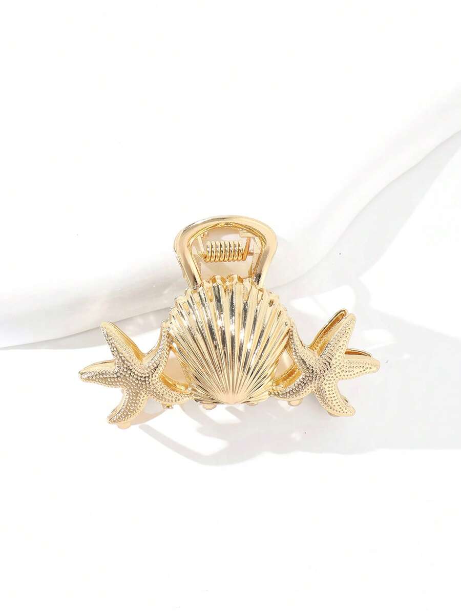 1个极简金属蝴蝶夹中号发爪夹女士发夹发饰发卡发饰夏季海滩度假 - 金色海星貝殼 - 查看 1