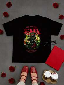 1pcs Ladies' Dragon And Flowers The Original Von-Dutchs Los Angeles Chop Shop Brand Printed Elegant Short Sleeve T-Shirt Soft Comfortable Crew Neck Fashionable Print Suitable For Spring Summer Fall Versatile 100 Cotton Women's Casual T-Shirt Easy Matching Wardrobe Staple,Free Shipping, Clothes Women,Summer Tops For Women,Cotton Women Clothing - 黑色 - 查看 2