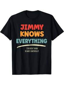 1 PCS Vintage Red Orange Teal Stack Bold Funny Jimmy Name Quote Text Front Print Short Sleeve Tee, Personalized Humor Casual Travel Outfit Unisex - 黑色 - 查看 1