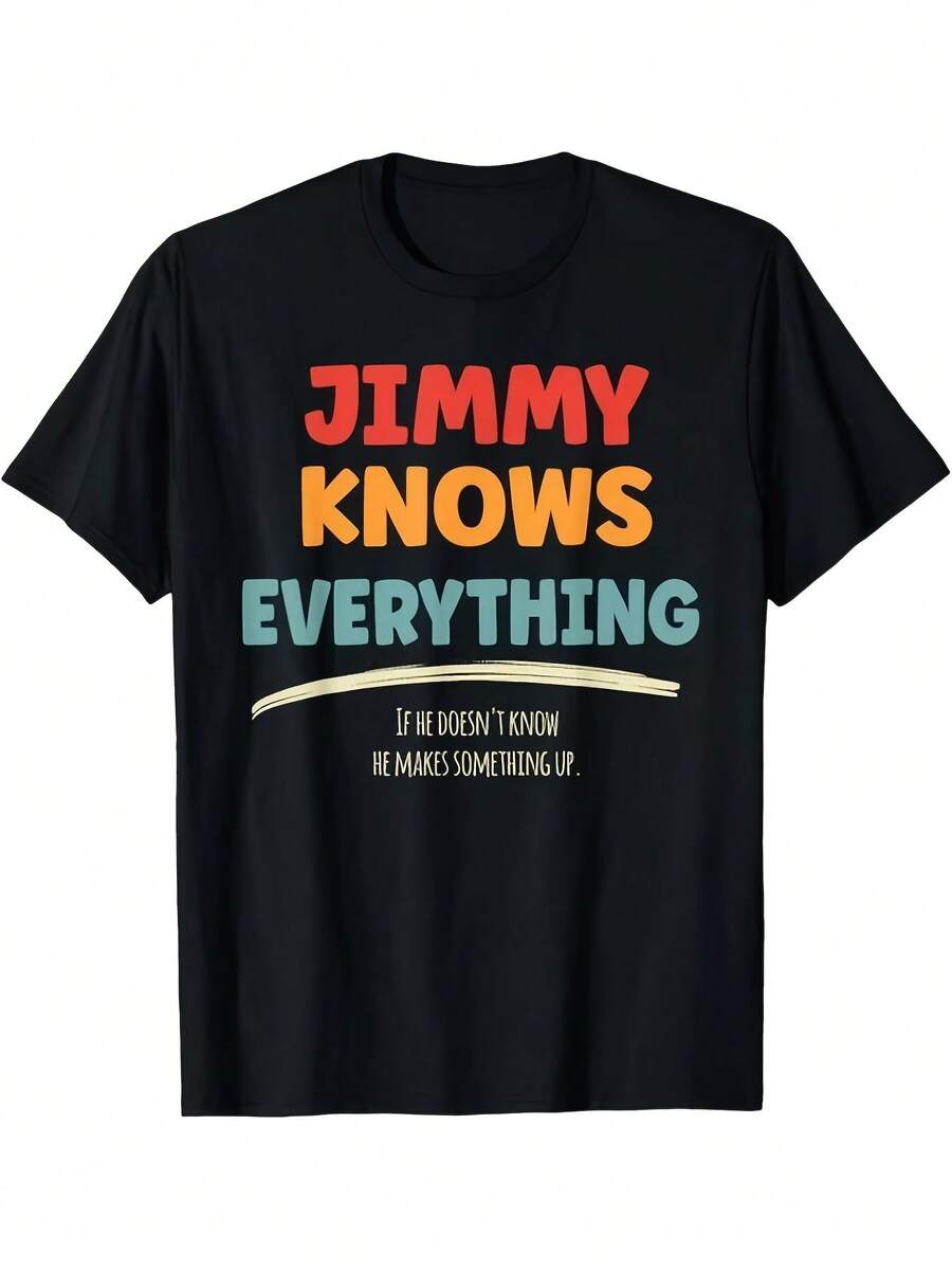 1 PCS Vintage Red Orange Teal Stack Bold Funny Jimmy Name Quote Text Front Print Short Sleeve Tee, Personalized Humor Casual Travel Outfit Unisex - 黑色 - 查看 1