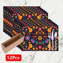 1pc/4pcs/6pcs/8pcs Mexican Folkloric Floral & Bird Pattern Linen Placemats, Suitable For Dining Table, All Seasons Decor, Modern Washable Tabletop Mats, Room Decor, Coasters, Kitchen Dining Mats, Indoor/Outdoor Party Decorations, Ideal Gift - Multicolor - View 12