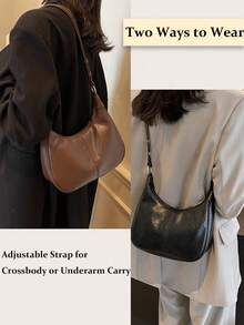 Women's Crescent Shoulder Bag, Made Of Solid Color Waterproof PU Fabric, Quilted Design, Minimalist Large Capacity Casual Travel Bag, Suitable For Travel, Shopping, Commuting And Work - Cà phê - Xem 5