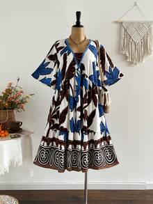 Rusttydustty Đầm ngắn tay cổ chữ V in hoa màu xanh dương và nâu phong cách Bohemian dành cho nữ cỡ lớn, phù hợp mặc hàng ngày và đi nghỉ mát, thanh lịch mùa hè. - Nhiều màu - Xem 1