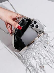 Nueva bolsa de mano con forma de huevo brillante y borlas, bolso de pasarela, bolso de hombro y bandolera perfecto para galas, fiestas y eventos - Plateado - Ver 10