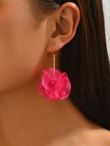 1 Pair Women's Sweet Elegant Fabric Flower Long Earrings, Suitable For Daily Wear (Bead Color Random) - Rose Red - E1335 - View 2