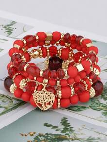 4pcs/Set Bohemian Style Mixed Hollow Heart Pendant Bracelets, Multi-Layer Elastic Cord Beaded Bracelets, Suitable For Women's Daily, Party, Date, Travel Wear - Red - View 1