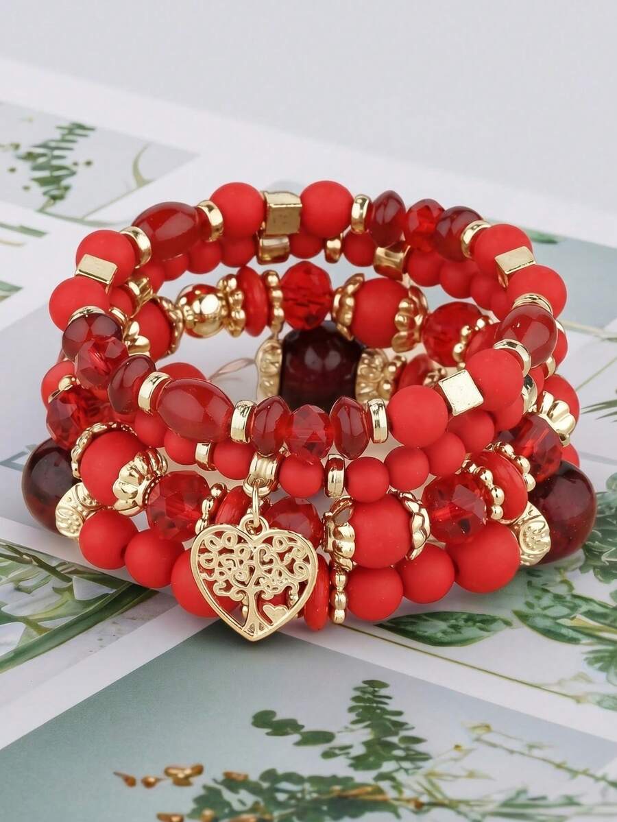 4pcs/Set Bohemian Style Mixed Hollow Heart Pendant Bracelets, Multi-Layer Elastic Cord Beaded Bracelets, Suitable For Women's Daily, Party, Date, Travel Wear - Red - View 1